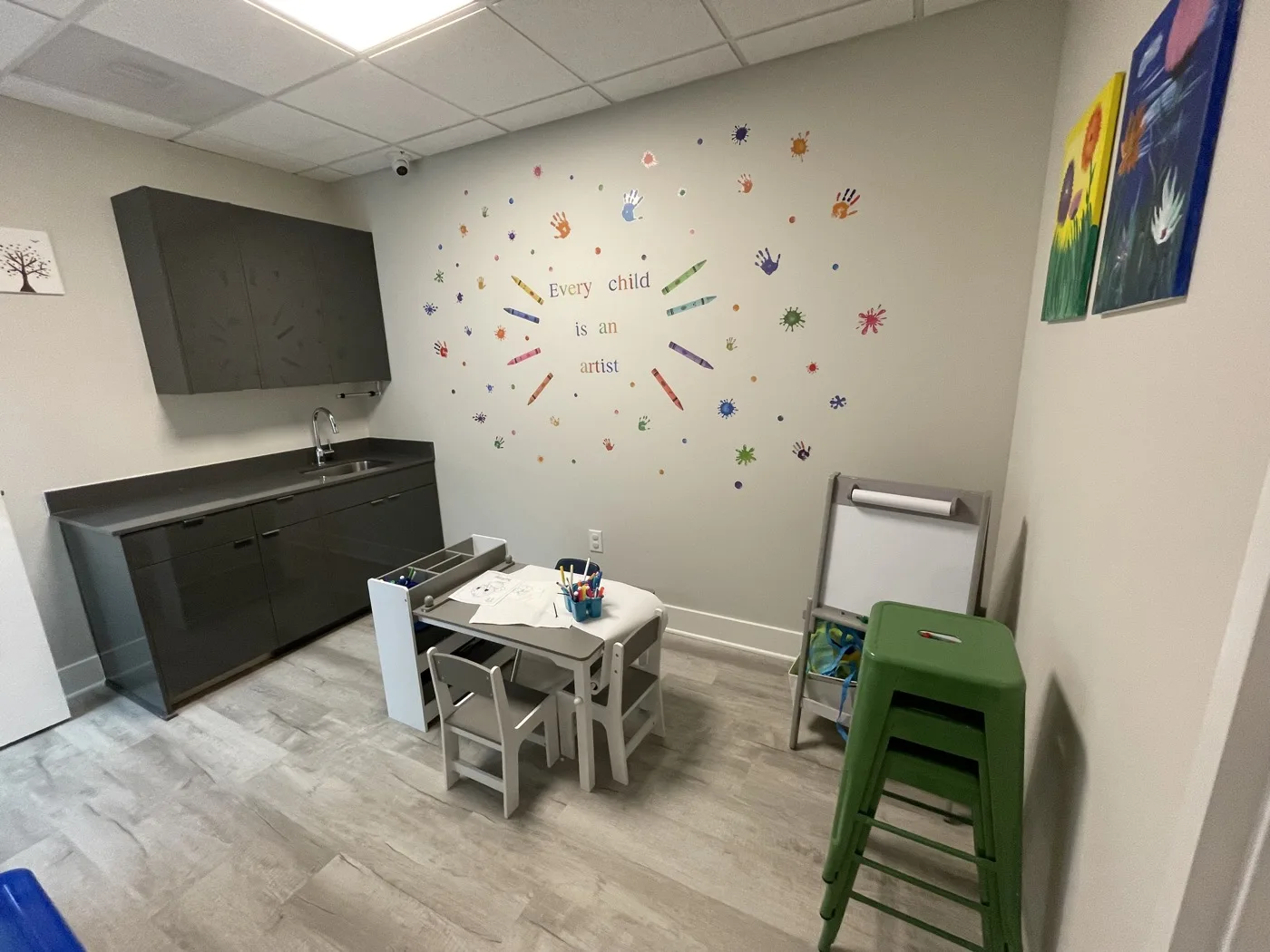 Fine Art Room at BTS with easels and children's paintings